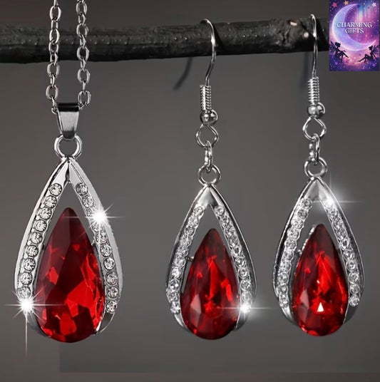 3pcs Fashion Exquisite Black And Red Water Drop Zirconia Pendant Earrings Necklace Jewelry Set Valentine'S Day Anniversary Birthday Party Wedding Gift Jewelry Additions Fashion Items That Can Be Worn All Year Round