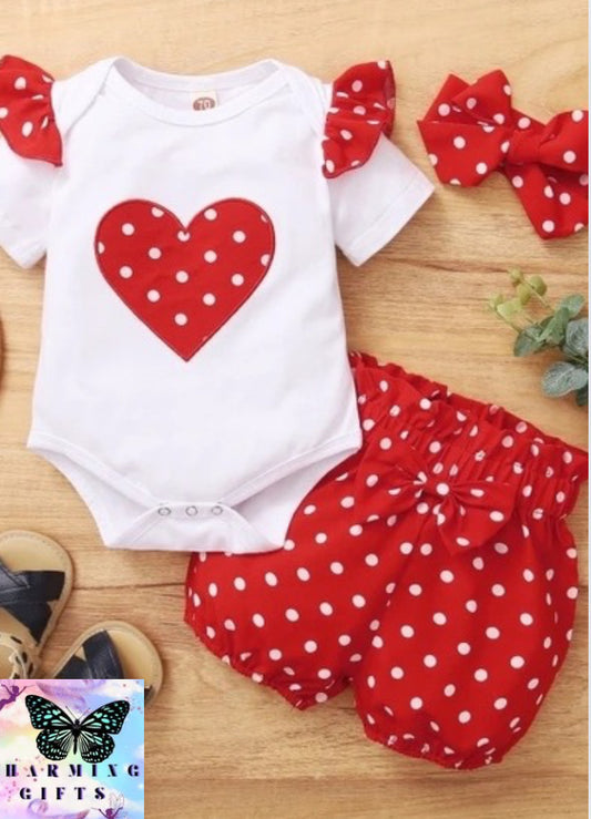 Baby Girl Polka Dot Summer Outfit Short Sleeve BodySuit  & Shorts with HeadBand