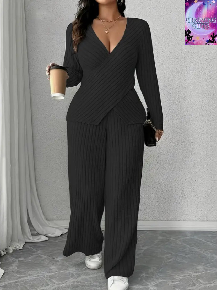 [Plus Size Elegant Outfit Set] Elegant Plus Size Women's V-Neck Ribbed Top & Wide-Leg Pants Set - Soft Stretchy Fabric, Long Sleeves, Casual Chic Outfit for Spring/Fall