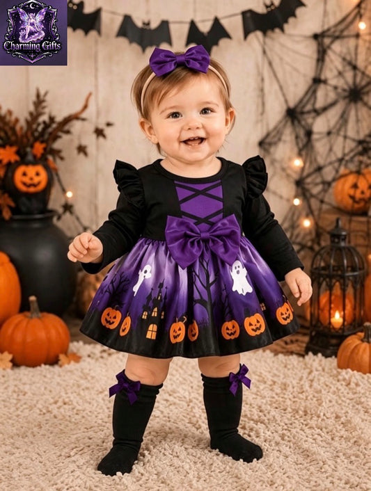 Girl's Dark Gothic Style Purple Pumpkin Round Neck Long Sleeve Halloween Romper Dress + Socks + Bow Headband 3pcs Set, Suitable for Halloween Parties and Trick-or-Treating, Perfect for Outdoor