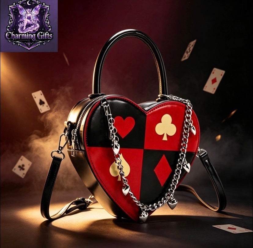 Creative Heart-Shaped Bag for Women Featuring a Punk Style with a Poker Print, Stylish Chain Design, And Perfect for Crossbody Use.