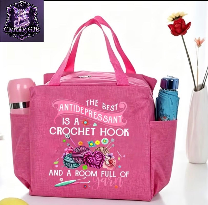 Crochet Yarn Theme Printed Large Capacity Bag, Multi-Functional Storage Handbag, Easy Commuter Style, Side Pockets for Water Bottle And Umbrella, Comfortable Wide Handles, Durable Fabric; Suitable for Daily Commute, Shopping Outings