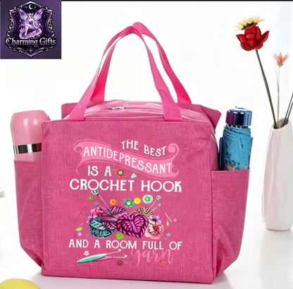 Crochet Yarn Theme Printed Large Capacity Bag, Multi-Functional Storage Handbag, Easy Commuter Style, Side Pockets for Water Bottle And Umbrella, Comfortable Wide Handles, Durable Fabric; Suitable for Daily Commute, Shopping Outings