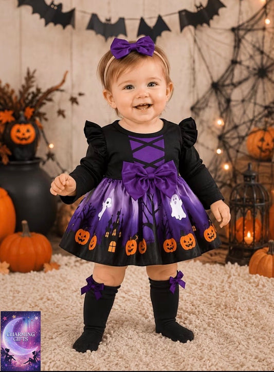 Girl's Dark Gothic Style Purple Pumpkin Round Neck Long Sleeve Halloween Romper Dress + Socks + Bow Headband 3pcs Set, Suitable for Halloween Parties and Trick-or-Treating, Perfect for Outdoor