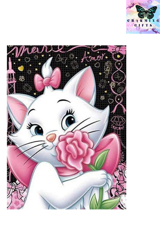 Marie from Aristocats Diamond White Cat Love Kits, 5D White Cat Rhinestone Embroidery Cross Stitch Canvas Painting, Full Drill Arts and Crafts Pictures by Numbers for Adults Kids Gifts Home Wall Decor - 30*40 CM