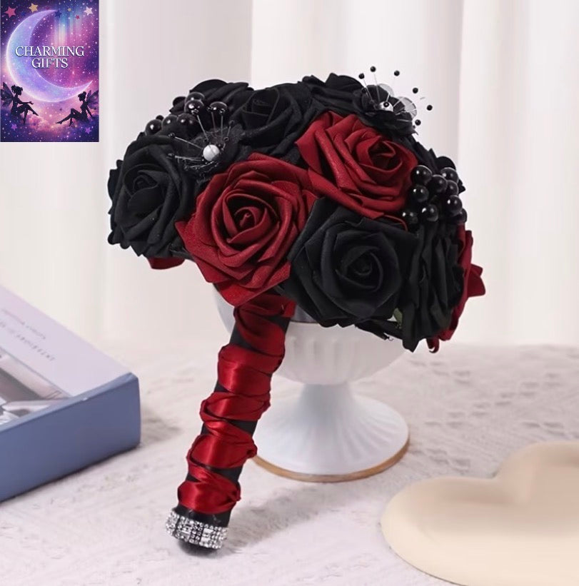 Gothic Wedding Bouquet with Artificial Black Roses - PE Fake Flower Bouquet Suitable for Bridal, Bridesmaid, Gothic Themed Weddings,, Prom, Funeral Decorations - Realistic Black Rose Arrangement for Year-Round Display