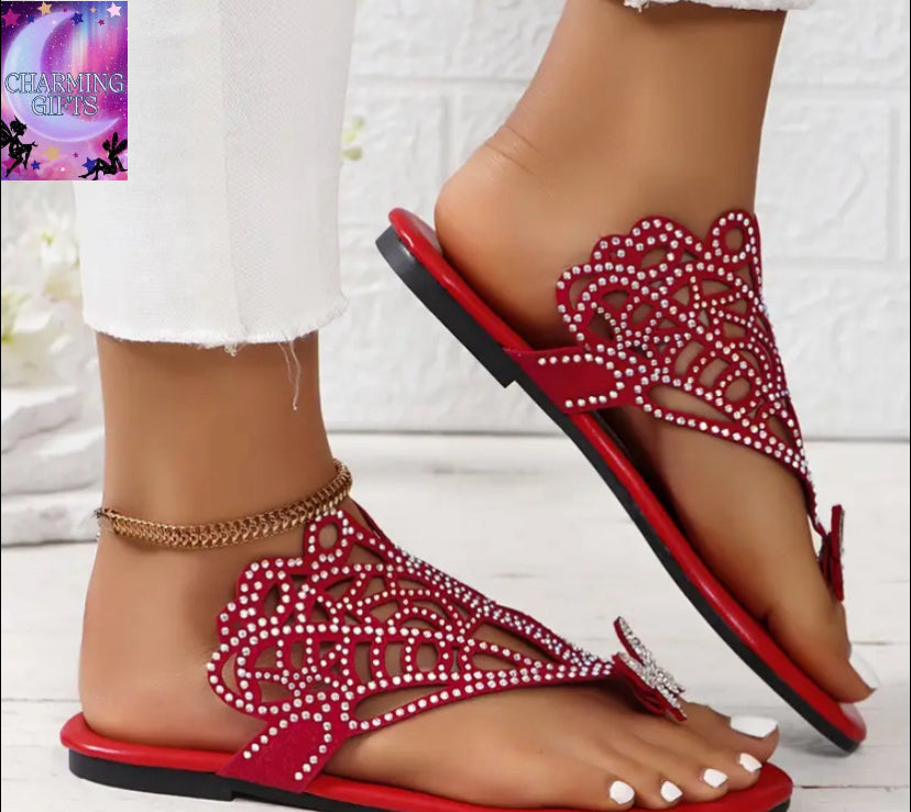 Stylish Black Faux Cover Butterfly Flat Sandals - Elegant Women's Rhinestone Clip Toe Design with Hollow-Out Pattern - Rubber Sole for Summer Wear