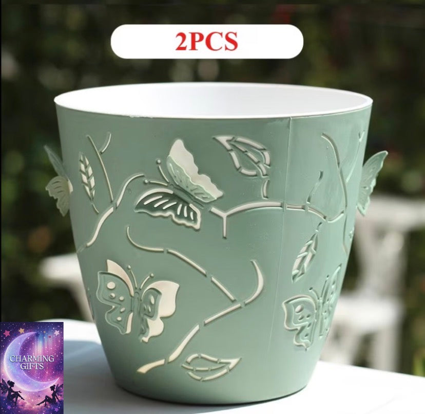 2pcs Set of Double-Layer 3D Cartoon Relief Planters, 14.6Cm/5.75 Inches Plastic Creative Plant Pots, Butterfly Pattern Inner Pots, with Breathable Drainage Holes Design, Ideal Gift for Plant Lovers Gardening Gift Home Decor