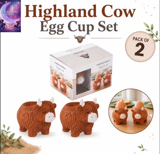 Pack of 2 Highland Cow Egg Cup Set, Ceramic Egg Holders, Farmhouse Breakfast Egg Cups, Cute Kitchen Dining Table Accessories
