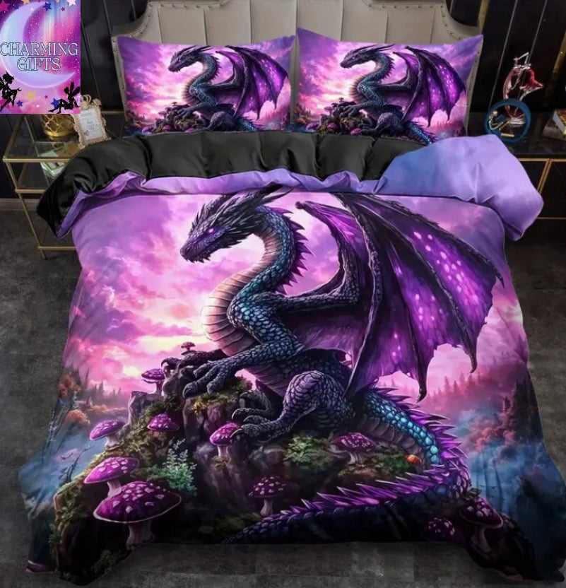 3pcs Quilt Cover Set, Fantasy Amethyst Dragon Printed Duvet Cover Set, Doable Bedding Set, Polyester Machine Washable, Quilt Decoration, Bedroom Guest Room, Birthday Gift (Includes 1 Duvet Cover 2 Pillowcases,