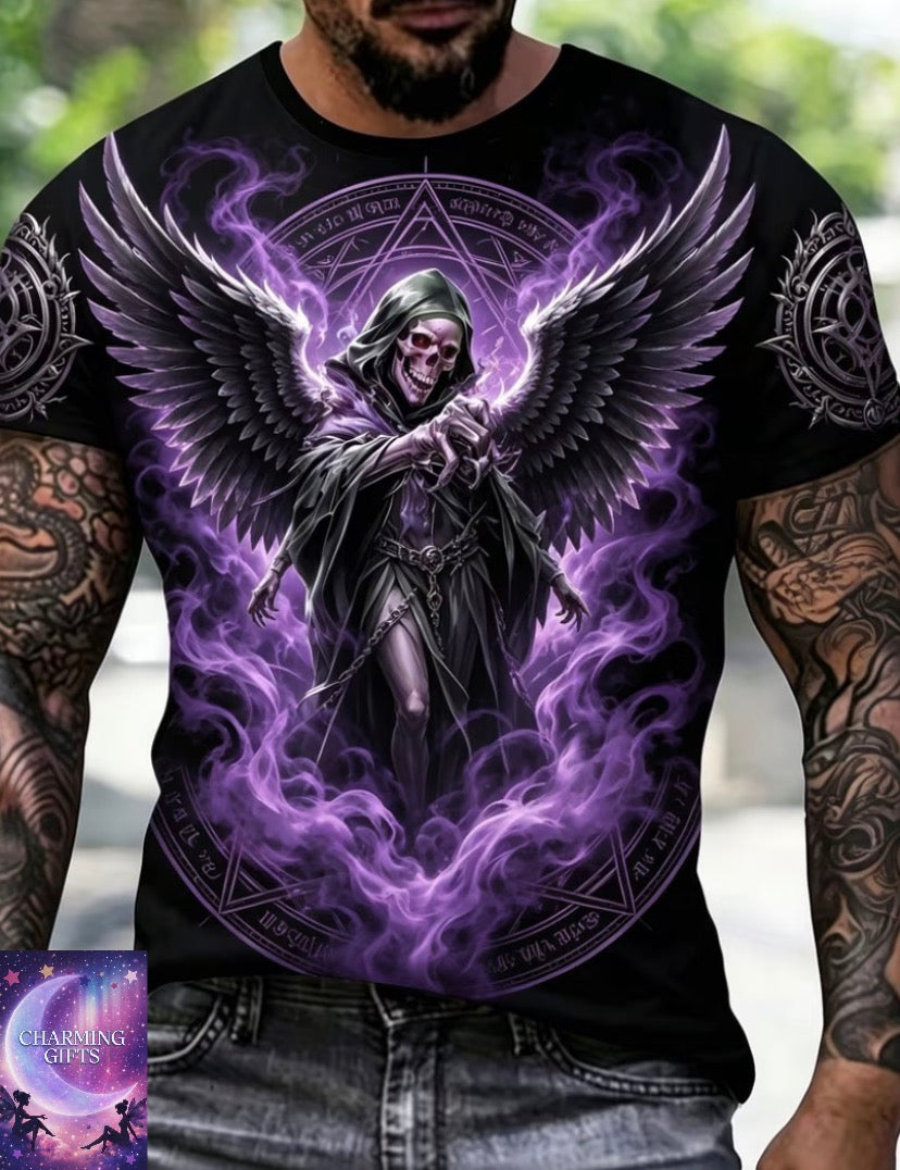 Purple Flame Wing Grim Reaper Plus Size Men'S Short Sleeve T-Shirt, Plus Size Loose Fit Round Neck Casual Summer Men'S Top