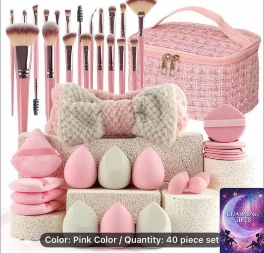 Popular Choice 40pcs of pink makeup kit, the set includes a multi-size soft brush, a variety of makeup eggs, a portable large-capacity travel makeup bag, and a full set of pink 2025 Internet makeup brushes