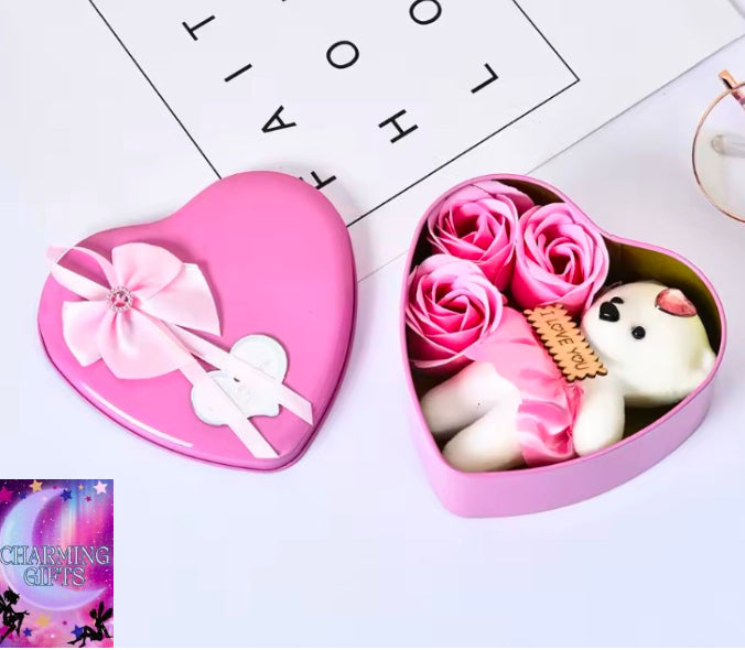 Heart Shaped Iron Box Eternal Flower Valentine's Day Gift Soap Flower Simulation Rose Bouquet Gift Box Set A for My Girlfriend