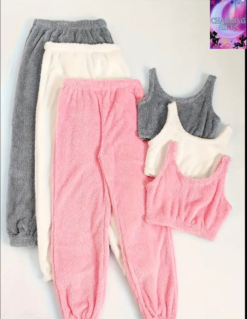 3 Sets of Thick Fleece Women's Casual Lounge Set, Comfortable Relaxed Fit Crop Tank Top & Joggers for Autumn