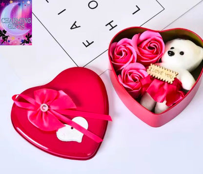 Heart Shaped Iron Box Eternal Flower Valentine's Day Gift Soap Flower Simulation Rose Bouquet Gift Box Set A for My Girlfriend