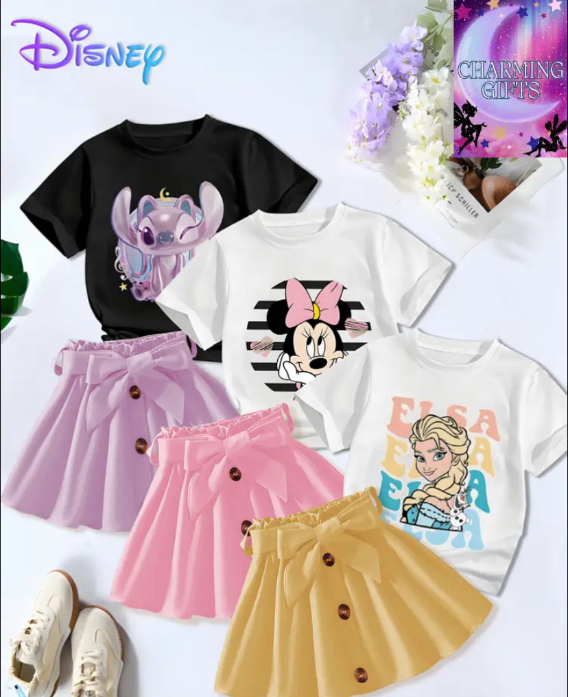 6pcs Set, Disney T-Shirt and Shorts Outfit with Castle and Minnie Pattern, Cute Design, Soft Fabric, Short Sleeve Round Neck, Suitable for Kids' Trendy Fashion, Perfect for Outdoor