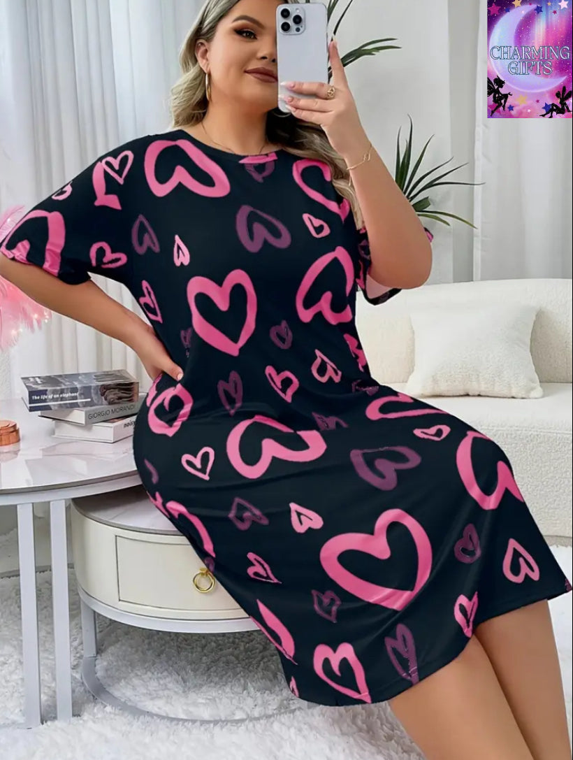Women's Plus Size Casual Sleep Dress with Black & Pink Heart Pattern - Short Sleeve Round Neck Lounge Nightgown, Machine Washable All-Season Comfort, Sleepwear, Comfortable Nightwear, Easycare Fabric