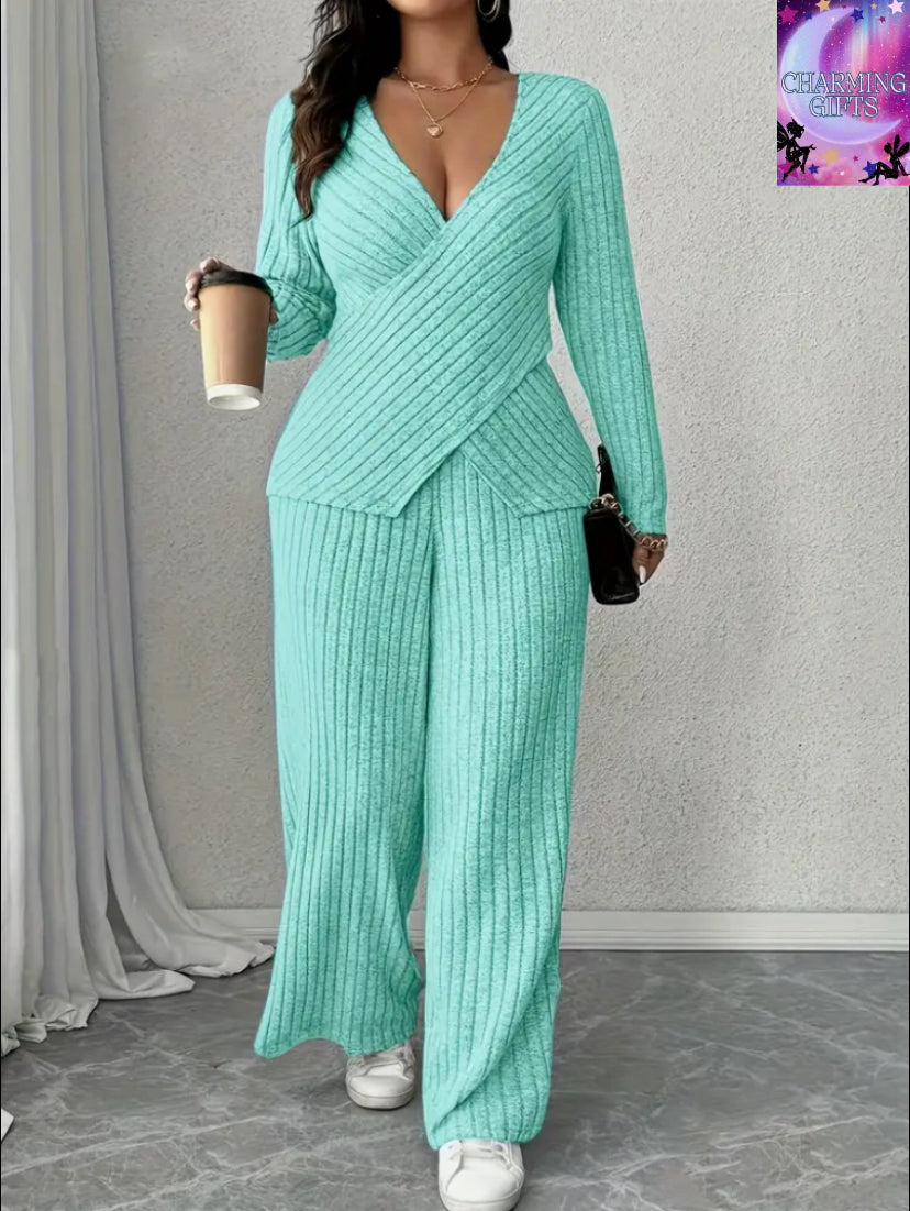 [Plus Size Elegant Outfit Set] Elegant Plus Size Women's V-Neck Ribbed Top & Wide-Leg Pants Set - Soft Stretchy Fabric, Long Sleeves, Casual Chic Outfit for Spring/Fall