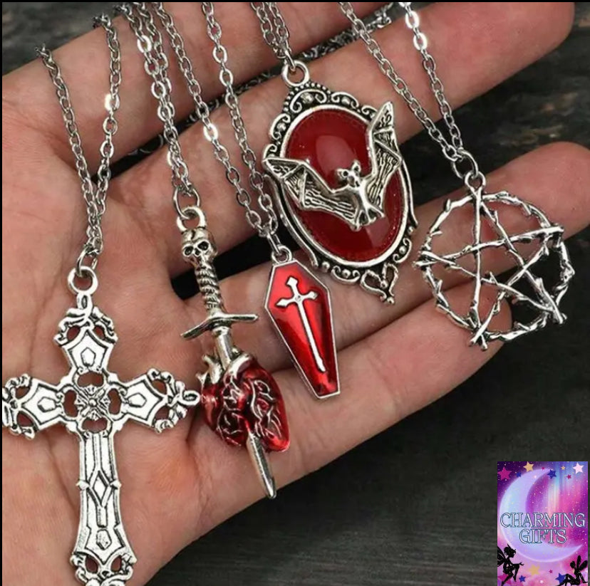 5pcs Y2K Vintage Punk Rock Style Bat, Faux, Coffin, Arrow, Red Heart, Star Pendant Necklace Set, 304L Stainless Steel Chain, Bohemian, Hiphop Fashion