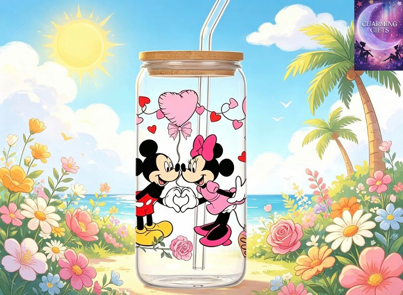 2pc Disney-Themed Water Cups Featuring Mickey And Minnie with Balloon Designs, 16-Ounce Glasses Equipped with Bamboo Lids And Glass Straws, Perfect Birthday Presents for Loved Ones, Suitable for Nurses' Day, Wedding Celebrations