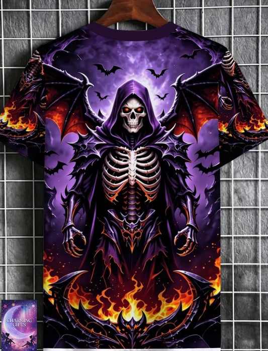 Men's Gothic Flame Reaper Skull T-Shirt - Purple & Orange Reaper Print Crew Neck Streetwear Top, Regular Fit Casual Shirt Suitable for Parties, Casual Attire & Themed Events, Machine Washable Reaper