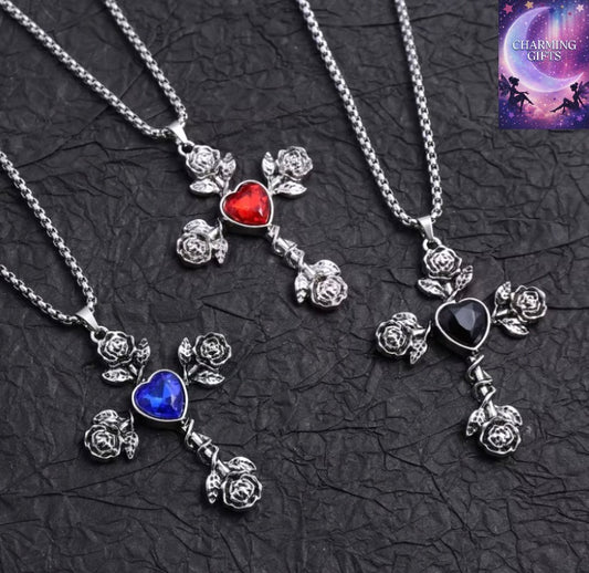 3pcs Set Vintage Distressed Rose Cross Necklace, Three-Color Heart Options, Niche Subculture Style Versatile Sweater Chain, Unisex Sweet & Cool Designer Jewelry