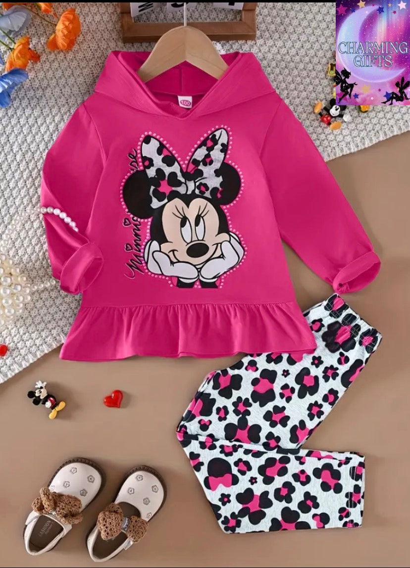 Disney Official Licensed Kids Mickey Mouse Outfit Set - Long Sleeve Hooded Ruffled Hem Top & Pants| 2pcs Disney Mickey Frill Pullover Kids Wear | Fall Winter Casual Wear, Perfect for Parties/School | Birthdays/Christmas Gift for Girls, Holiday Outfit, Sch