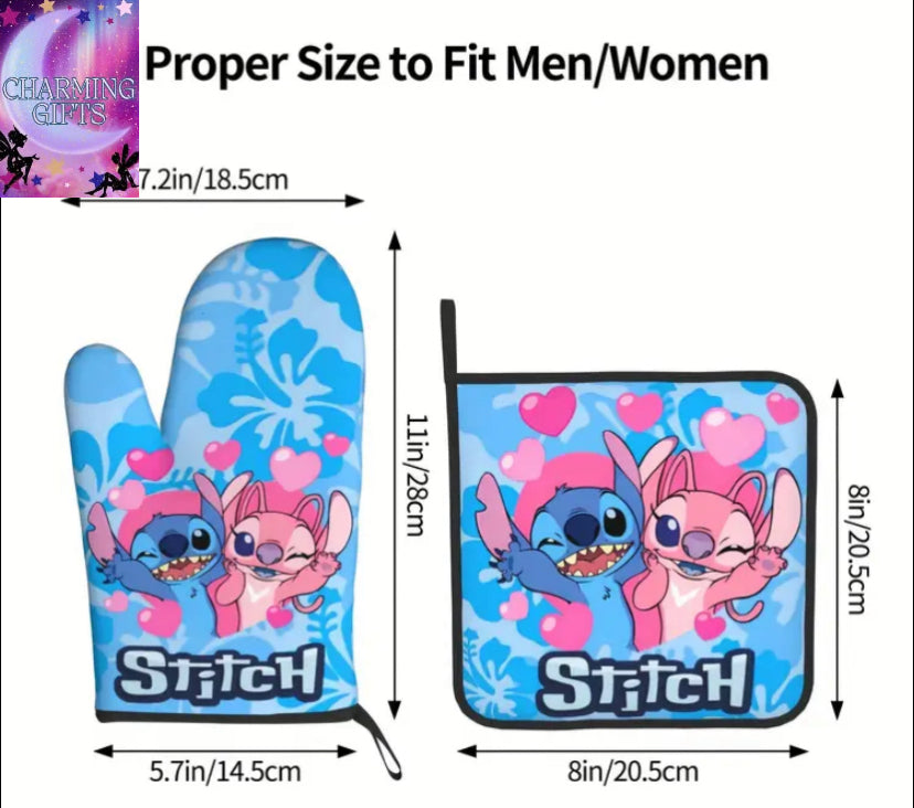 2pcs, Disney Stitch Cartoon Thick Gloves And Coasters, Special Gloves, Kitchen Gloves, Best Holiday Gifts, Party Supplies, Home Kitchen Decorations