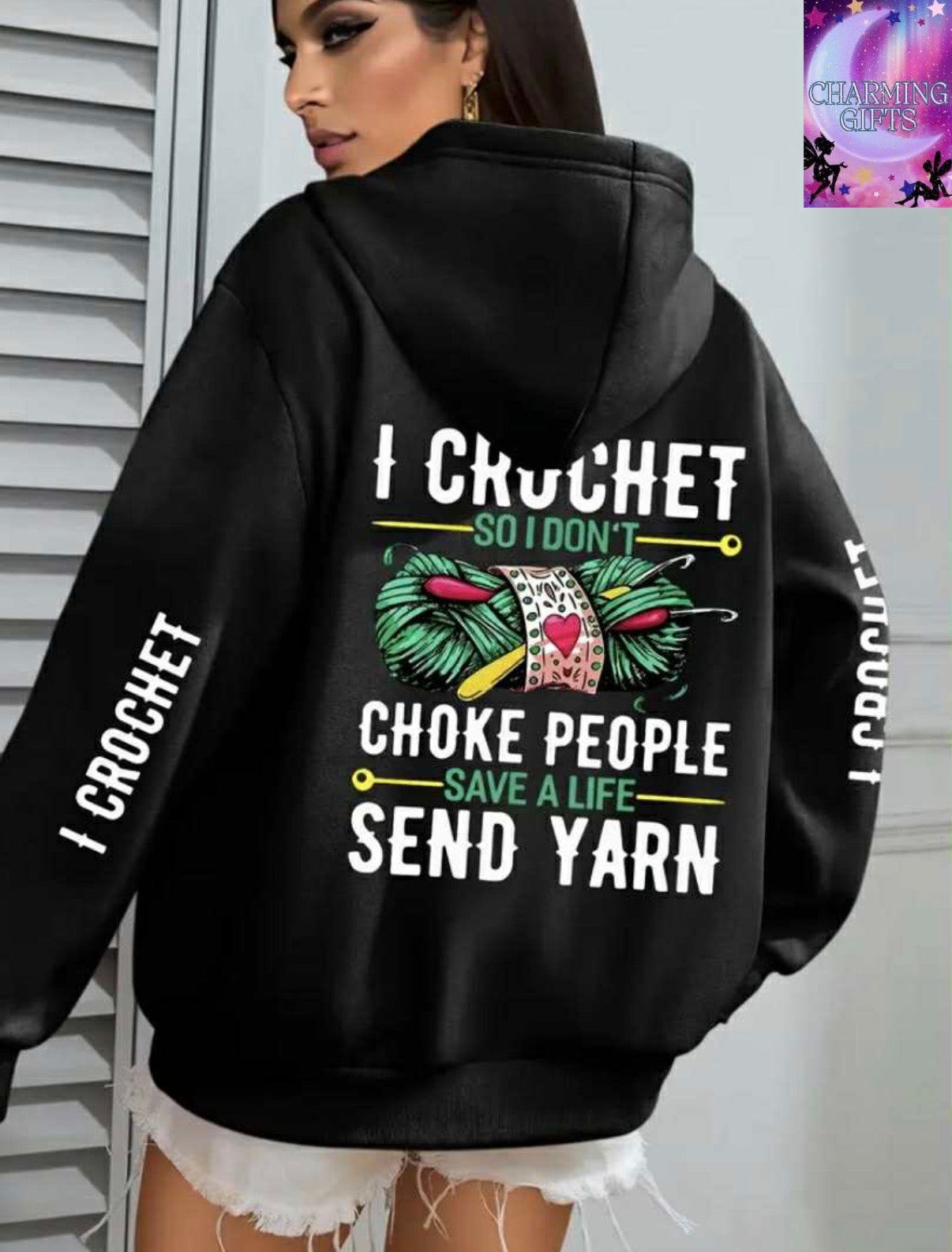 Plus Size Crochet Slogan Print Hoodie, Casual Long Sleeve With Pocket Hooded Sweatshirt For Winter & Fall, Designed for Women, Women'S Plus Size Clothing