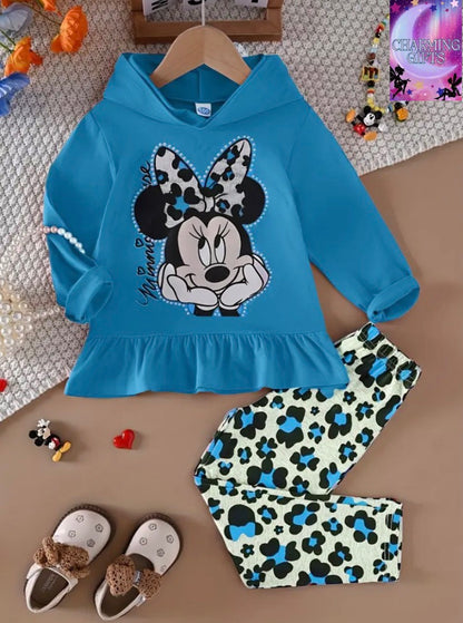 Disney Official Licensed Kids Mickey Mouse Outfit Set - Long Sleeve Hooded Ruffled Hem Top & Pants| 2pcs Disney Mickey Frill Pullover Kids Wear | Fall Winter Casual Wear, Perfect for Parties/School | Birthdays/Christmas Gift for Girls, Holiday Outfit, Sch