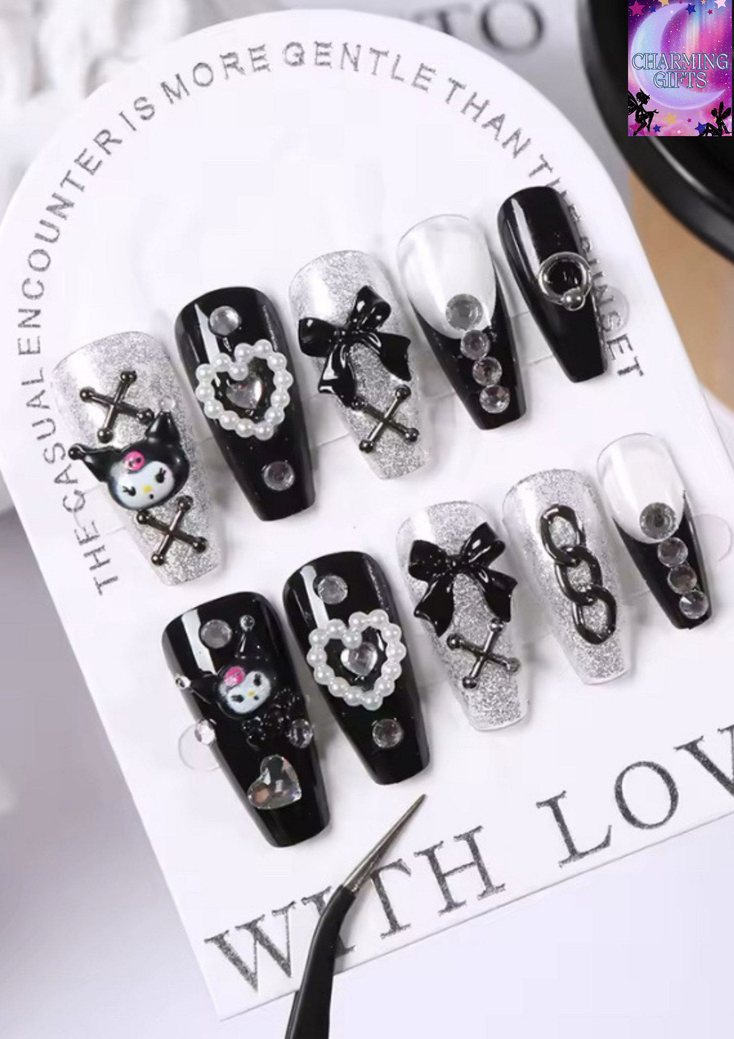24Pcs 3D kuromi press on nails Y2K Cartoon Handmade Fake Nails Black Gel nail Wearable Nails Cinnamoroll Melody Anime False Nail