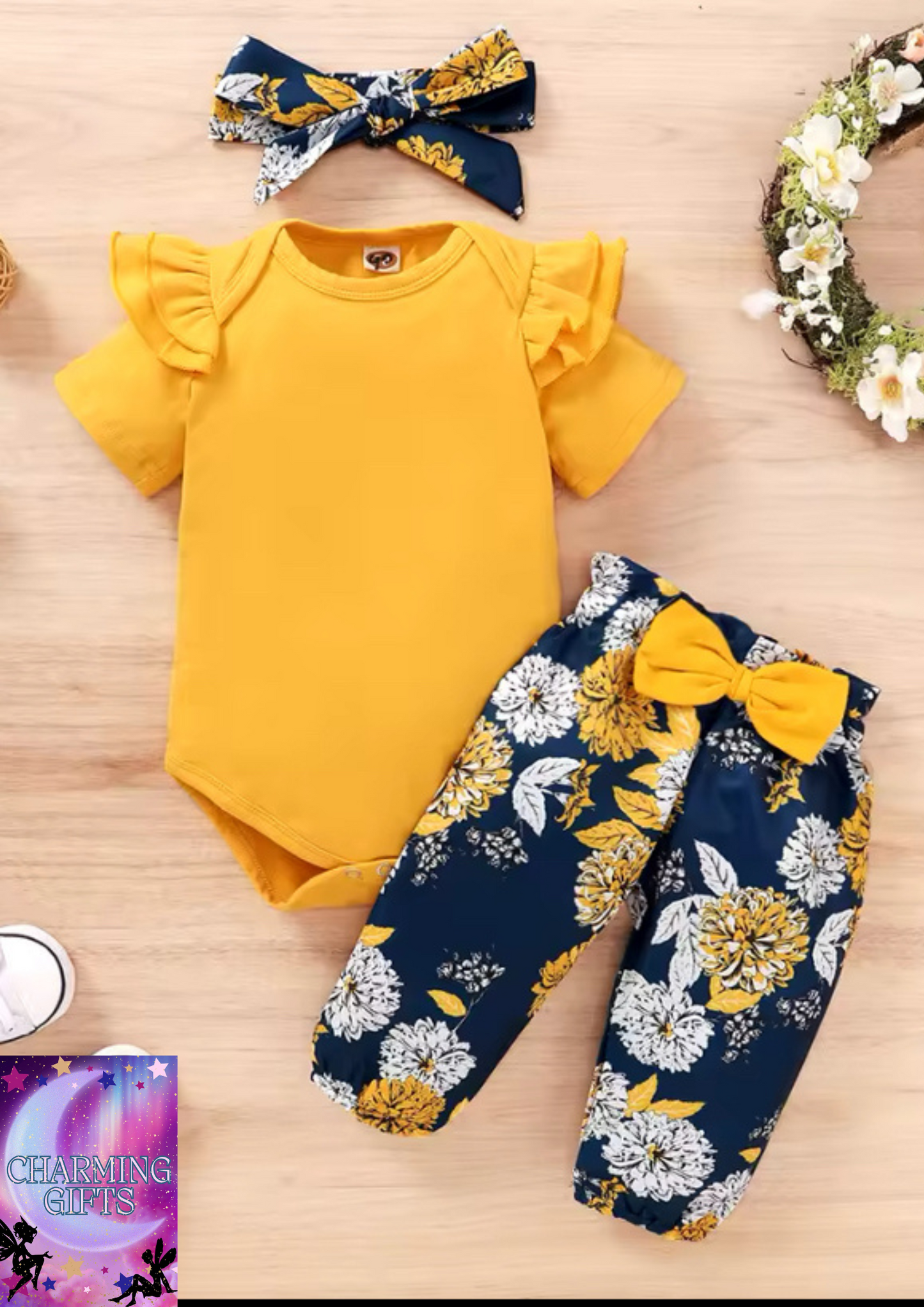 Newborn Baby Girls Clothing Set Infants Girl Short Sleeve Bodysuit+Floral Pants with Bow+Headband 3PCS Outfits for 0-18 Months