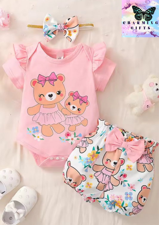 0-2Years Newborn Baby Girl Daily Clothes Set Cartoon Bear Short Sleeve Romper + Shorts with Headband Summer Lovely 3PCS Outfit