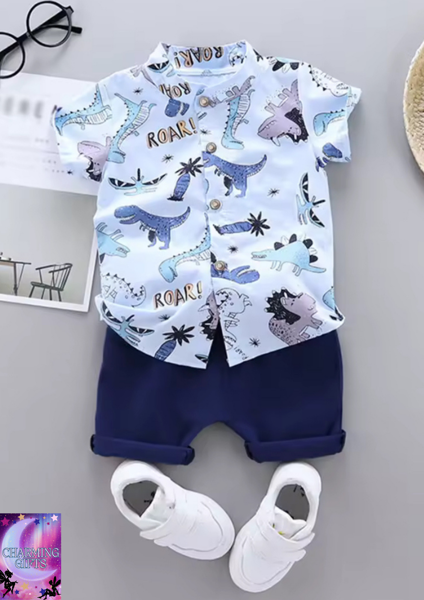 2PCS baby and toddler summer full print cartoon spotted dinosaur pattern stand up collar shirt short sleeved shorts set