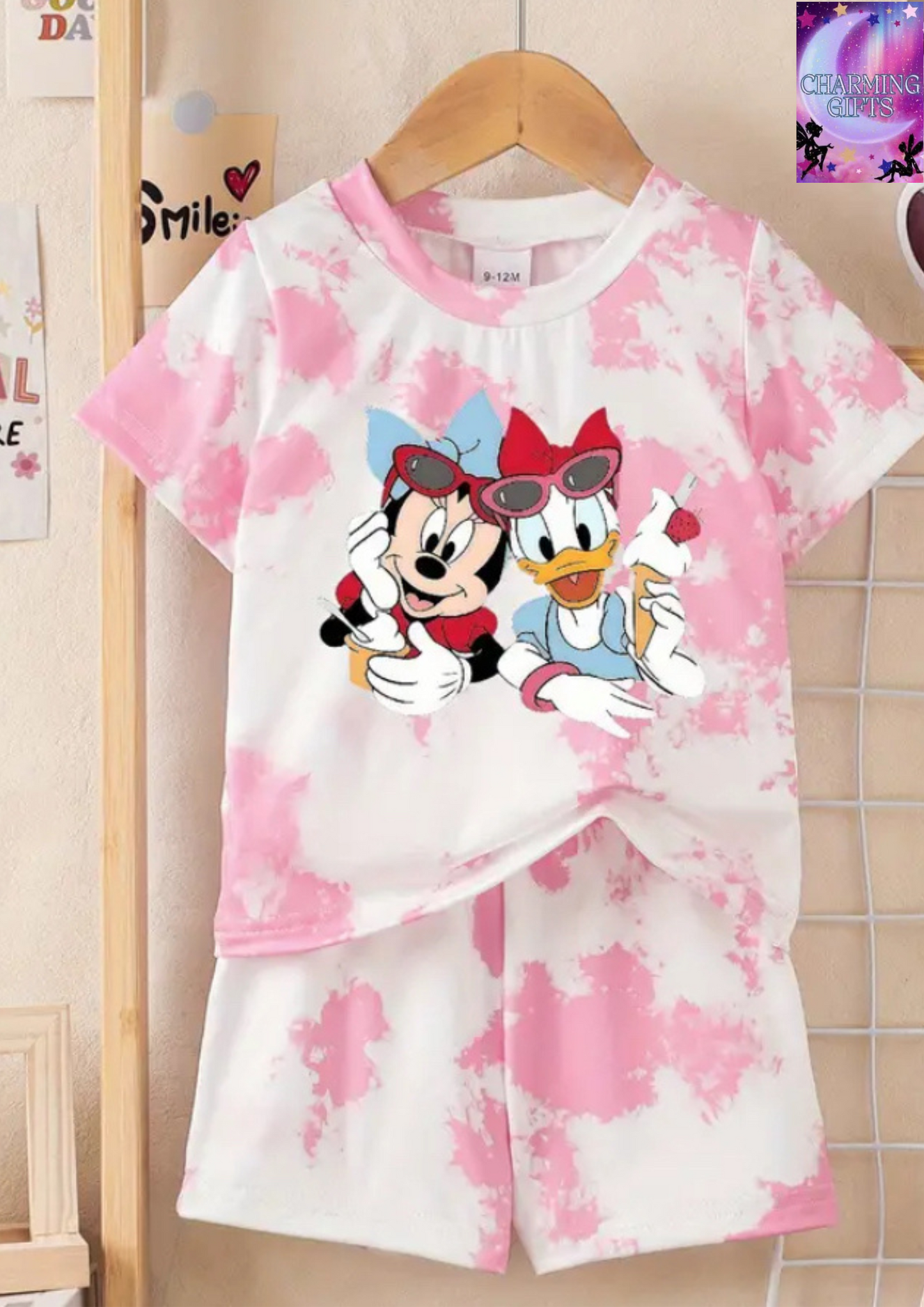 2pcs Set of Baby Girl Tie-Dye Powder White Casual Cute Minnie And Daisy Print Knitted Short Sleeves Top And Elastic Waist Shorts, Regular Fit, Suitable for Spring And Summer Outdoor Sports And Daily Casual Children'S Clothin, for Outdoor