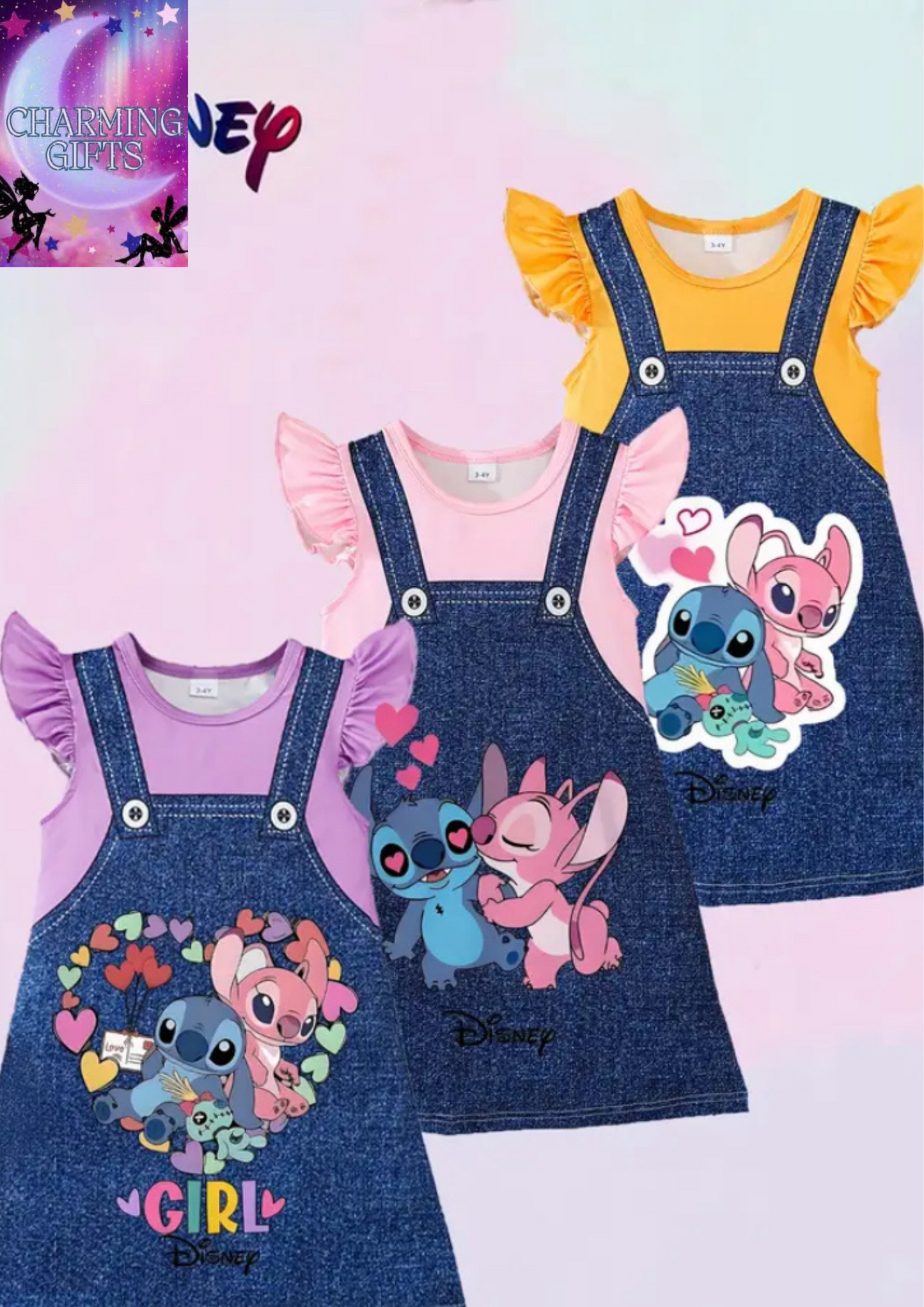 Disney Licensed) Three-Piece Set for Baby Girls Featuring a Cute Stitch Style with Angel Cartoon Patterns, Print Knitted Flutter Sleeve Romper Dress in a Combination of Purple, Pink, And Yellow, Regular Fit, Suitable for Outdoor Activities And Casual Wear