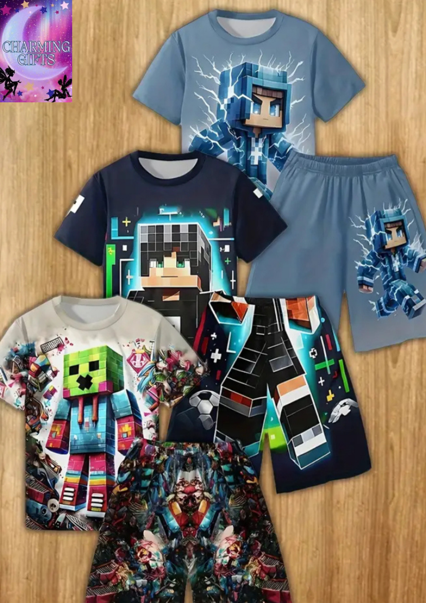 Boys' mine craft casual pullover short-sleeved T-shirt and short pants set, boys' outdoor T-shirt and short pants set, 6pcs set, Perfect for Outdoor