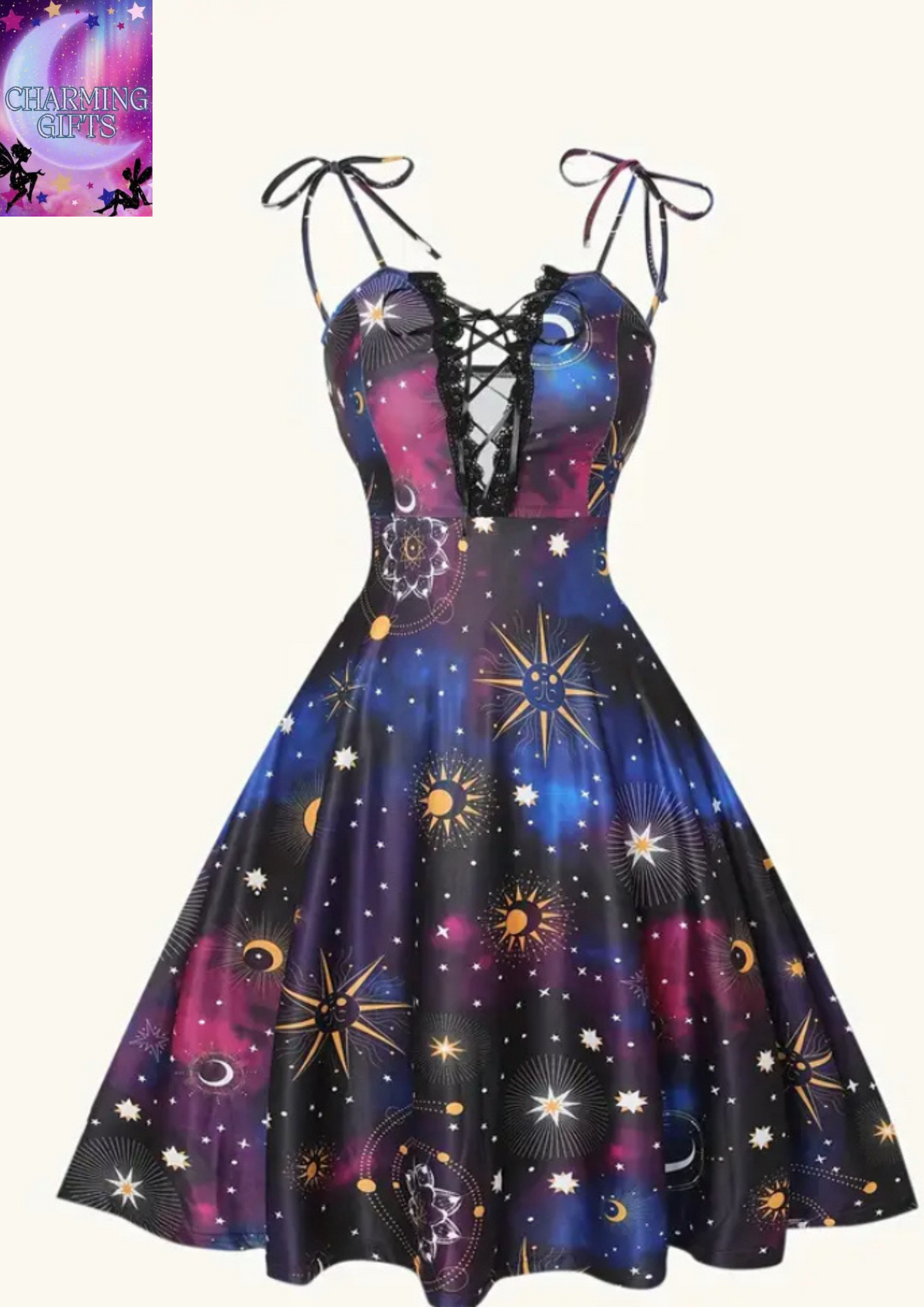 Plus Size Women's Adjustable Spaghetti Strap Celestial Sun Moon Stars Print Dress - Deep V-Neck Ruched Bodice & Flowy A-Line Skirt with Bow Accents, Black to Blue Ombre, Spring Summer Fall Casual to Evening Wear, Seasonal Fashion, Elegant Detailing, Fashi