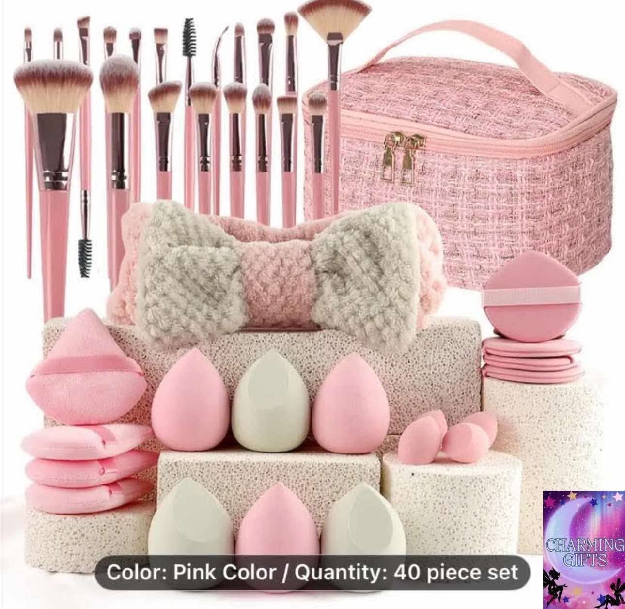 Popular Choice 40pcs of pink makeup kit, the set includes a multi-size soft brush, a variety of makeup eggs, a portable large-capacity travel makeup bag, and a full set of pink 2025 Internet makeup brushes
