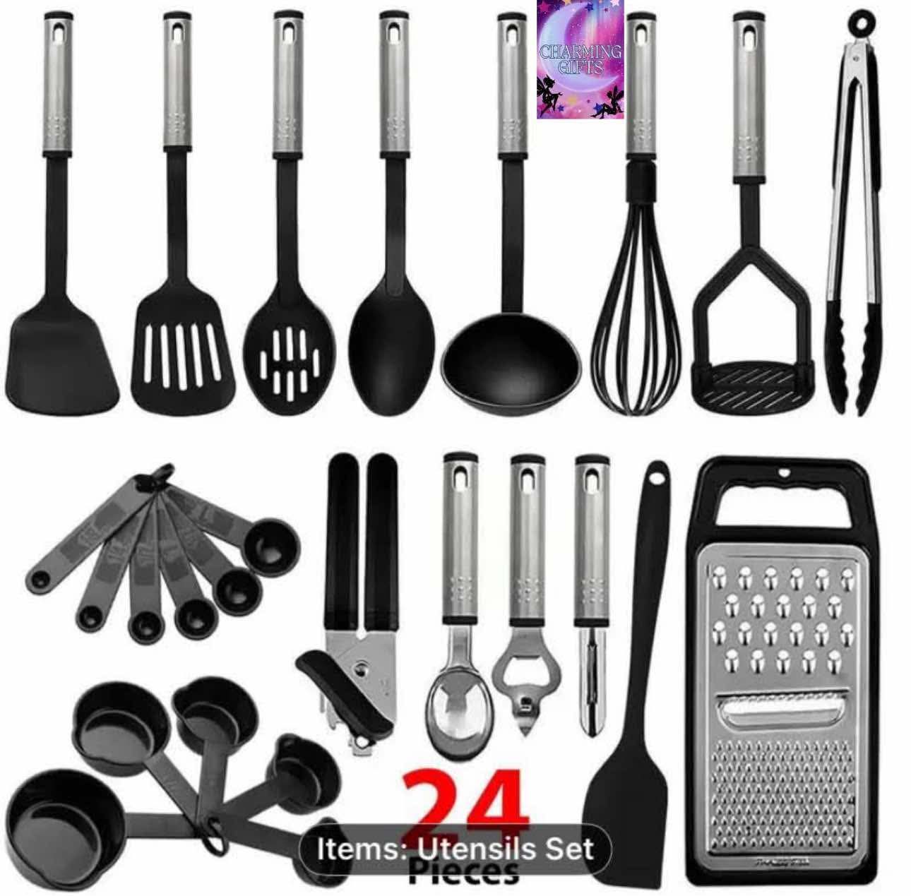 24 Pieces Black Stainless Steel Utensil Set Kitchen Utensils Set Non-Stick and Heat Resistant Kitchen Gadgets Cookware Set, Spatula Turner for Nonstick Kitchen Cookware Utensils Set