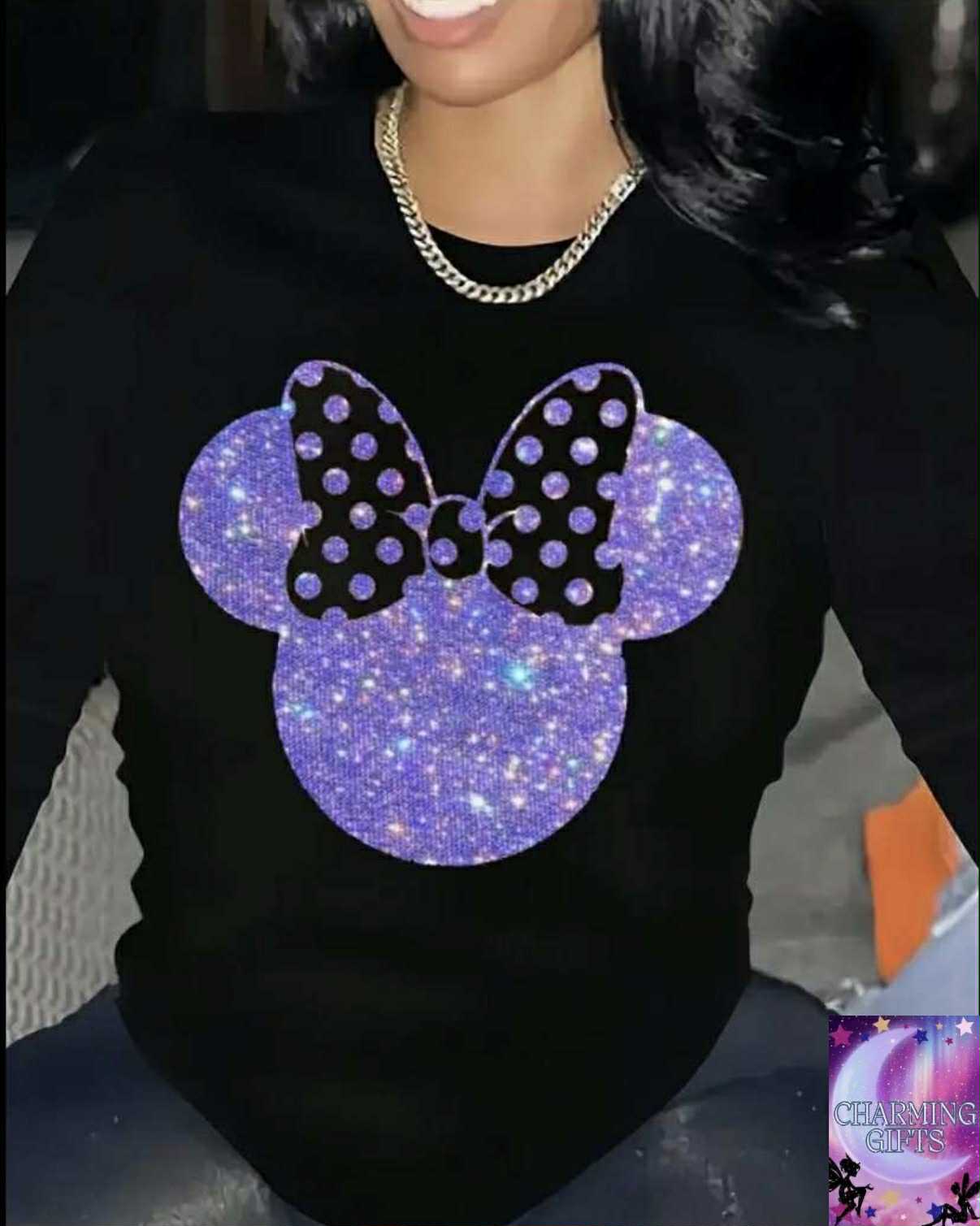 Plus Size - Plus Size Women'S T-Shirt with Sparkling Glitter Mickey Mouse Graphic - Long Sleeve Crew Neck Casual Top for Spring & Fall, Geometric Pattern, Soft Stretch Fabric, Spring Fashion Tee | Crew Neck Top | Stretchy Fabric