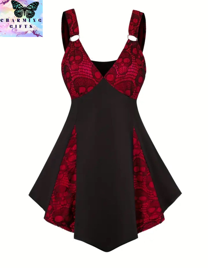 New plus size women's sling strap dress skull Gothic punk lace stitching strap dress Red