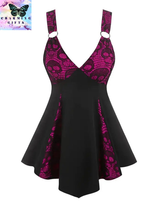 New plus size women's sling strap dress skull Gothic punk lace stitching strap dress Rose