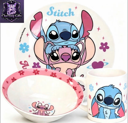 Girls Disney Stitch Ceramic Breakfast Set 3pcs Set