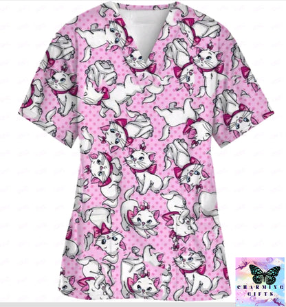 2024 Summer Disney Pet Mary Cat Pink Printed Matte Top Pet Shop Medical Uniform Nurse V-neck Shirt Women's Nurse Top