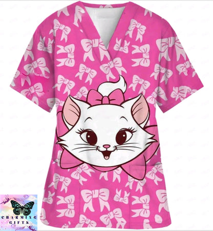 2024 Summer Disney Pet Mary Cat Pink Printed Matte Top Pet Shop Medical Uniform Nurse V-neck Shirt Women's Nurse Top