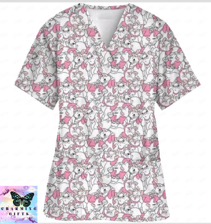 2024 Summer Disney Pet Mary Cat Pink Printed Matte Top Pet Shop Medical Uniform Nurse V-neck Shirt Women's Nurse Top