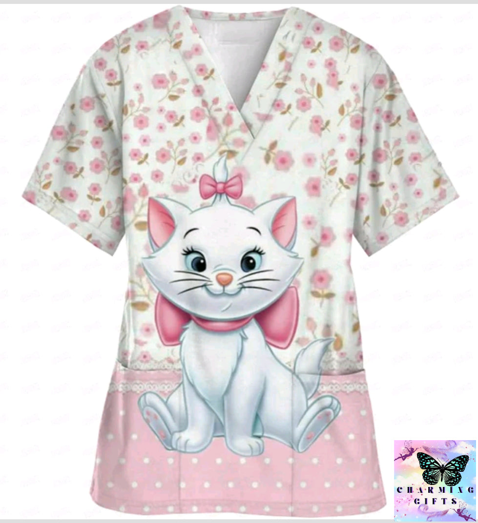 2024 Summer Disney Pet Mary Cat Pink Printed Matte Top Pet Shop Medical Uniform Nurse V-neck Shirt Women's Nurse Top