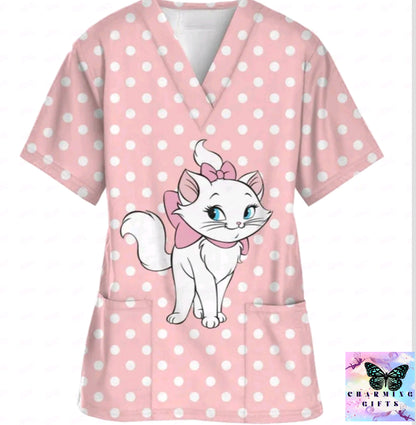 2024 Summer Disney Pet Mary Cat Pink Printed Matte Top Pet Shop Medical Uniform Nurse V-neck Shirt Women's Nurse Top