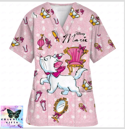 2024 Summer Disney Pet Mary Cat Pink Printed Matte Top Pet Shop Medical Uniform Nurse V-neck Shirt Women's Nurse Top